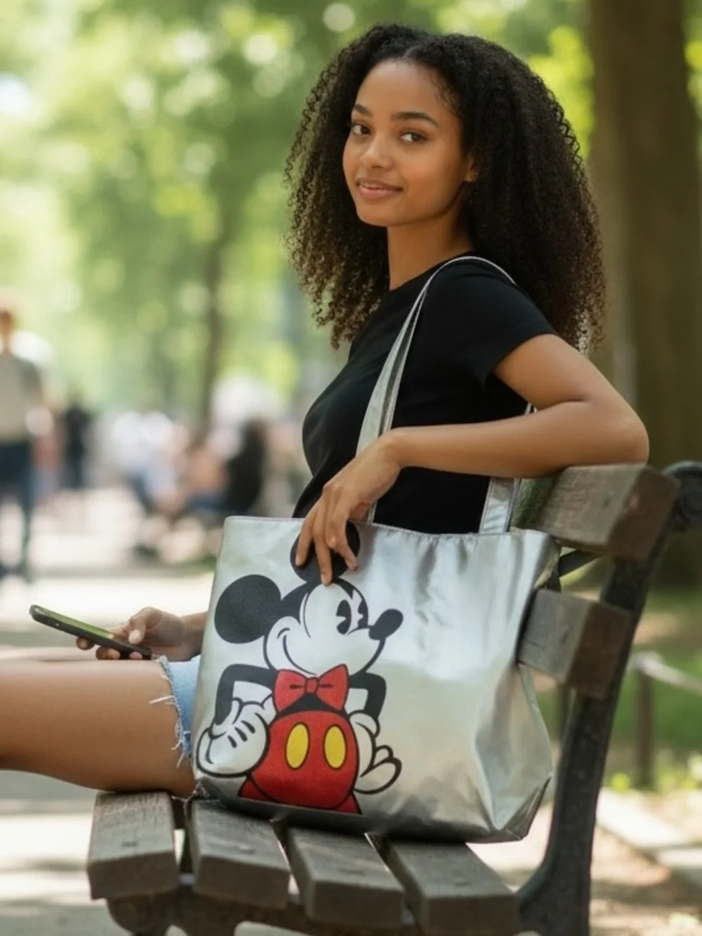 Disney Metallic Silver Tote with Mickey and Red Bow